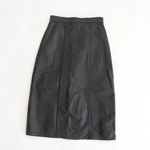 Vintage  Black 100% Leather A-Line Midi Pencil Skirt Small